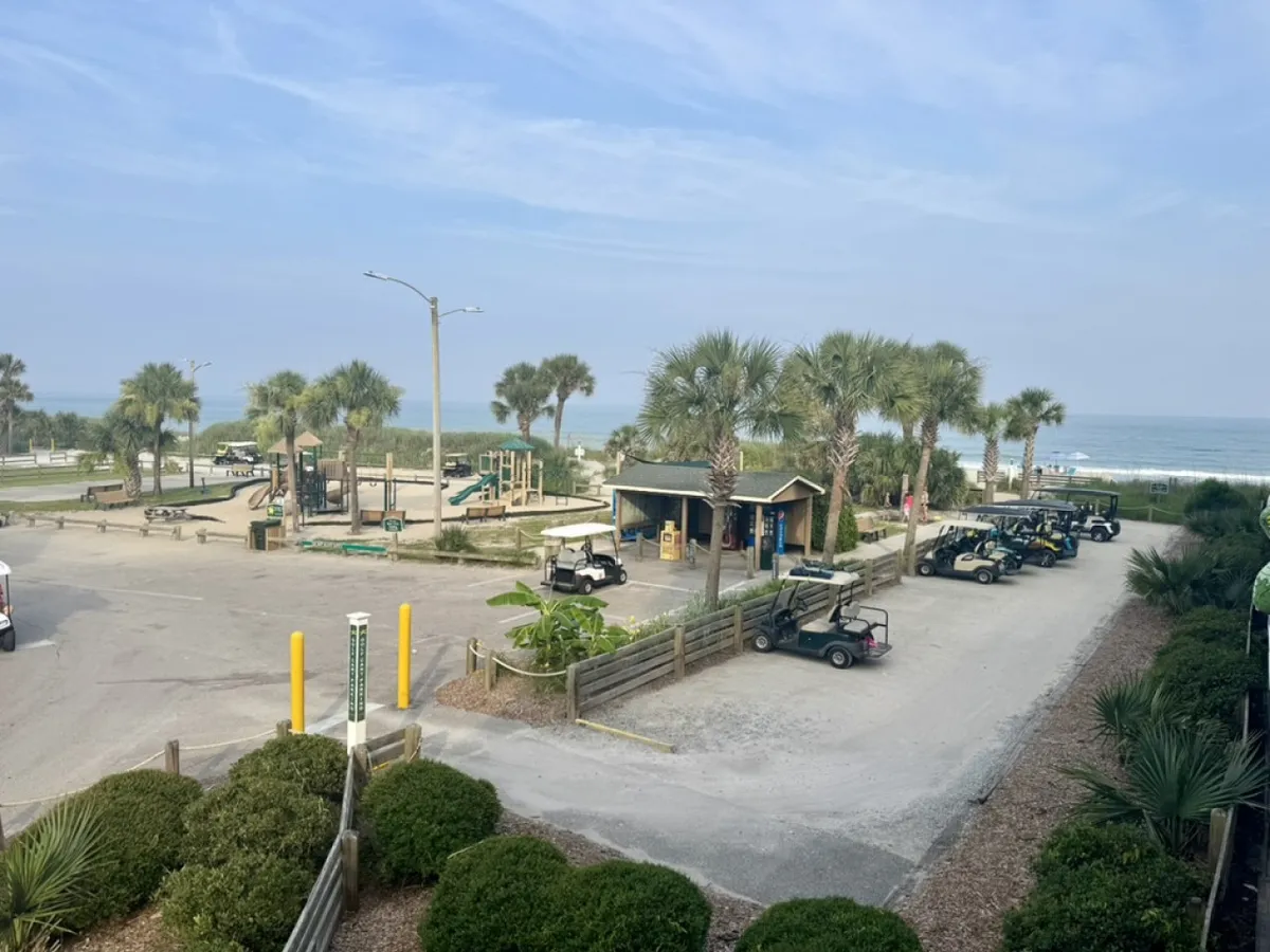 This lively scene showcases palm trees lining the beach, a playground, golf carts, and a bustling concession stand, hinting at the vibrant amenities available nearby. The image suggests a family-friendly coastline with opportunities for play, casual dining, and exploration.