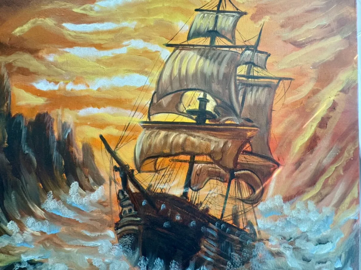 A dramatic view of a ship braving turbulent waves under a fiery sunset sky, evoking the sense of maritime adventure and pirate lore. The intense colors and dynamic scene transport viewers into an imaginative seafaring narrative.